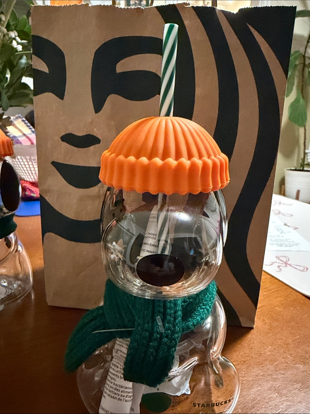 Starbucks Orange-Top Snowman Glass Cup with Green Scarf and Striped Straw